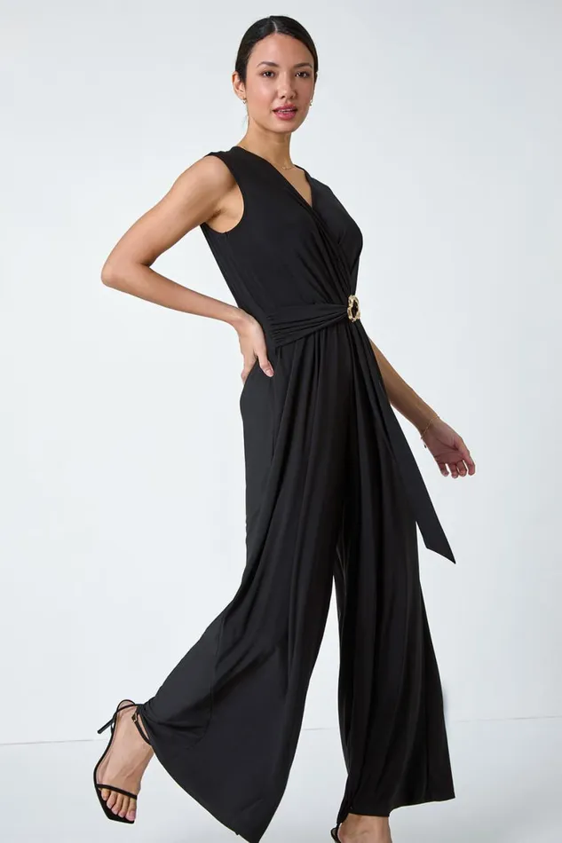 Women Black Metallic Belt Draped Stretch Jumpsuit Roman Dresses