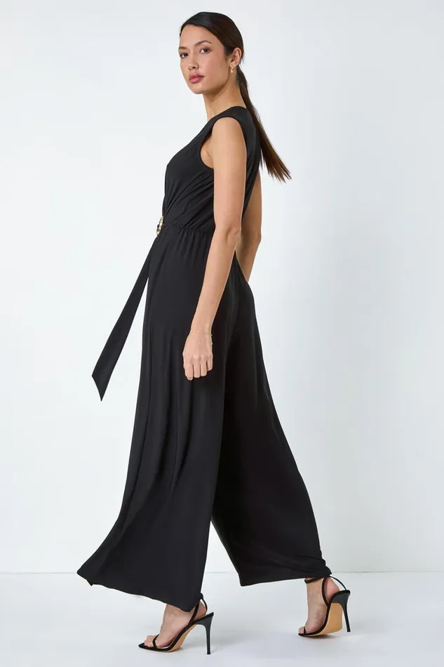 Women Black Metallic Belt Draped Stretch Jumpsuit Roman Dresses