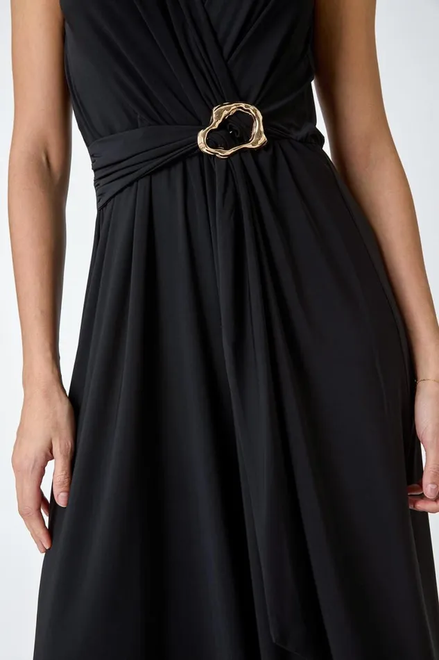 Women Black Metallic Belt Draped Stretch Jumpsuit Roman Dresses