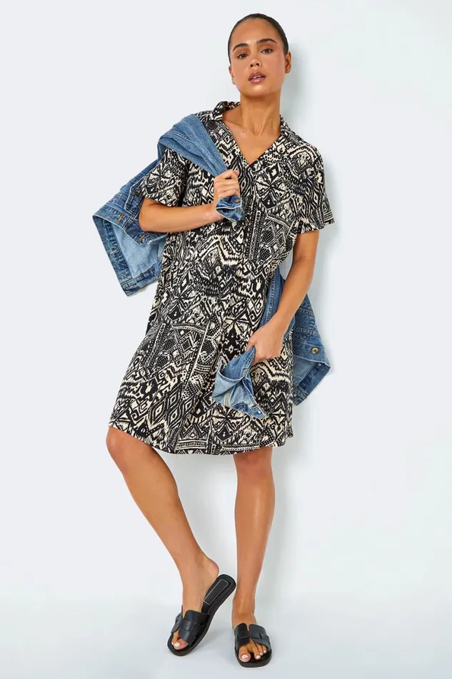 Women Black Petite Aztec Pocket Tunic Dress Roman Dresses