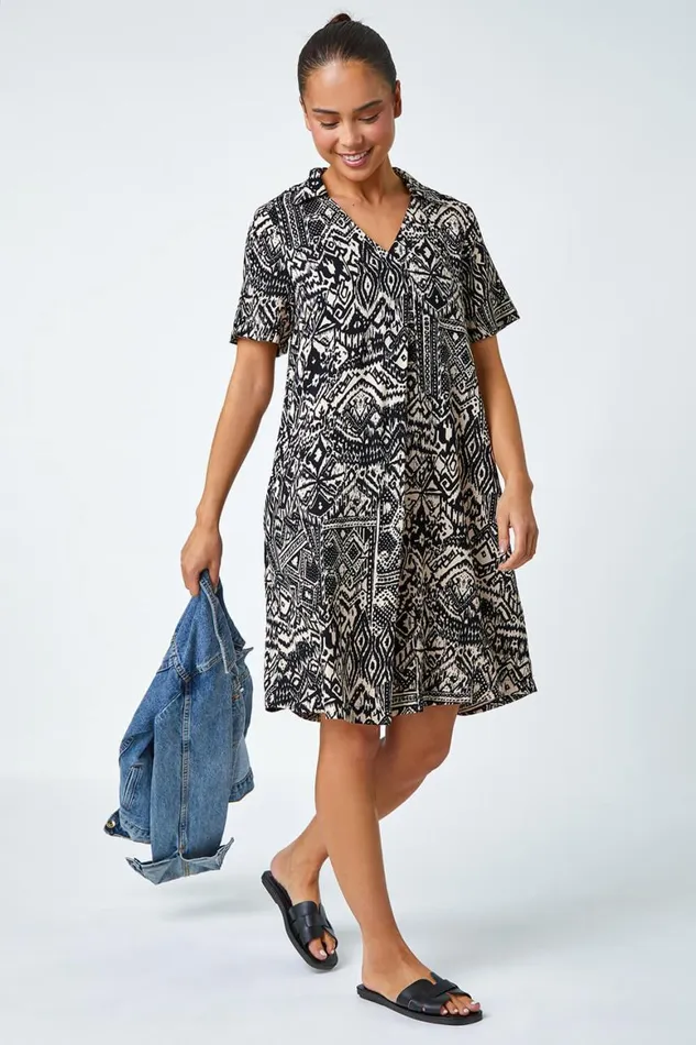 Women Black Petite Aztec Pocket Tunic Dress Roman Dresses