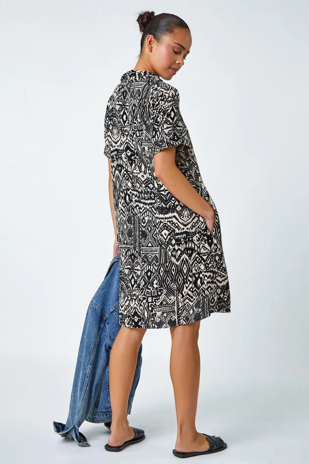 Women Black Petite Aztec Pocket Tunic Dress Roman Dresses