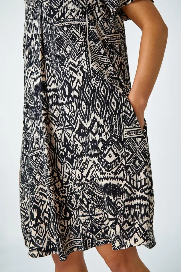 Women Black Petite Aztec Pocket Tunic Dress Roman Dresses
