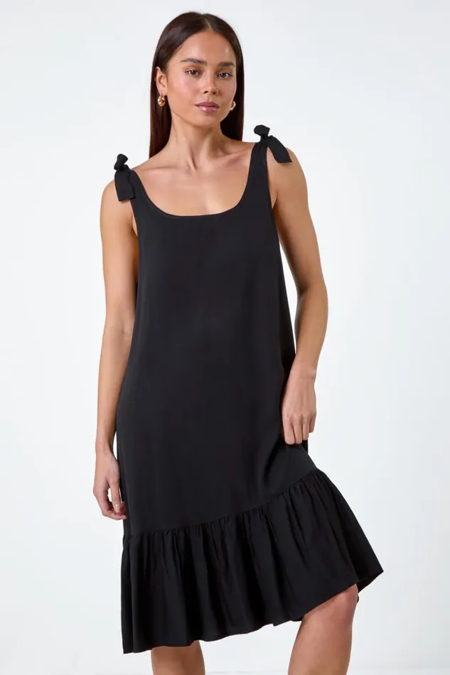 Women Black Petite Bow Detail Frilled Dress Roman Dresses