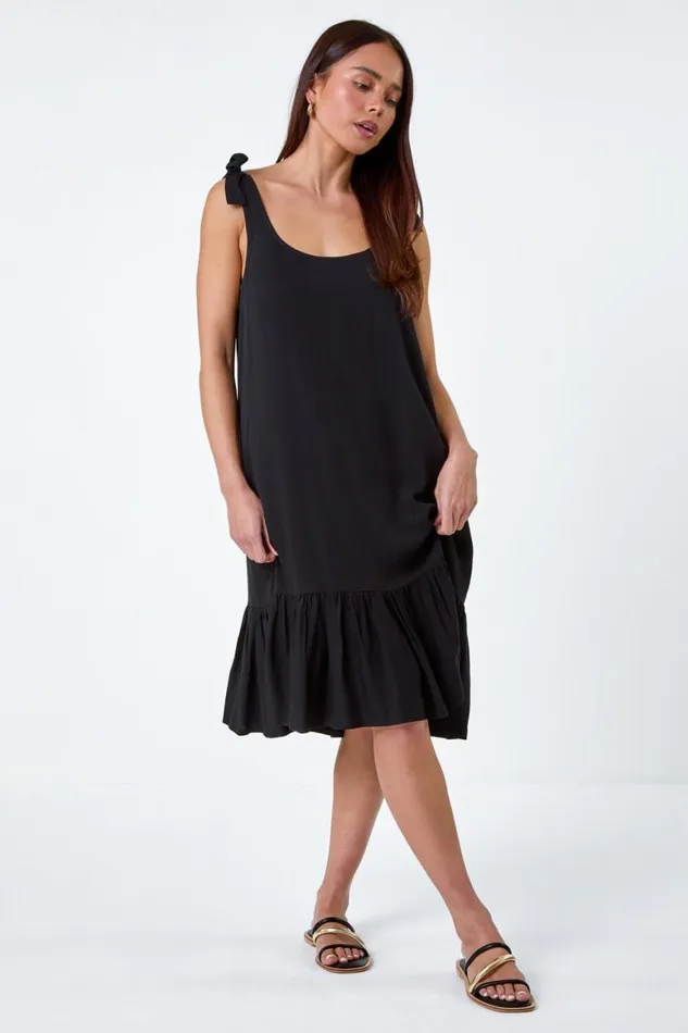 Women Black Petite Bow Detail Frilled Dress Roman Dresses
