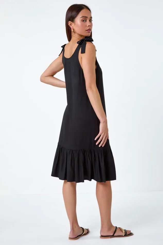 Women Black Petite Bow Detail Frilled Dress Roman Dresses