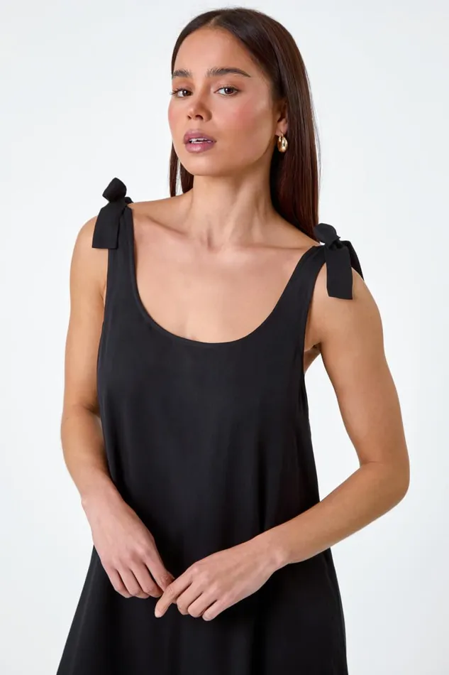 Women Black Petite Bow Detail Frilled Dress Roman Dresses