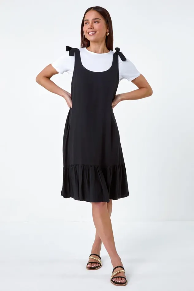 Women Black Petite Bow Detail Frilled Dress Roman Dresses