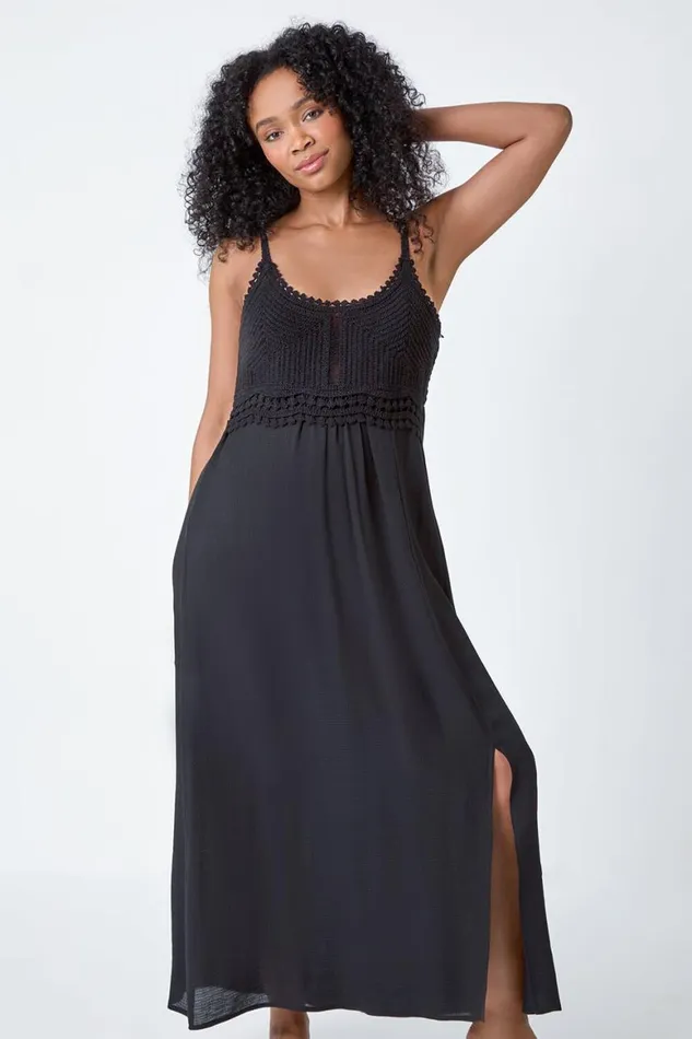 Women Black Petite Crochet Bodice Cotton Maxi Dress Roman Dresses