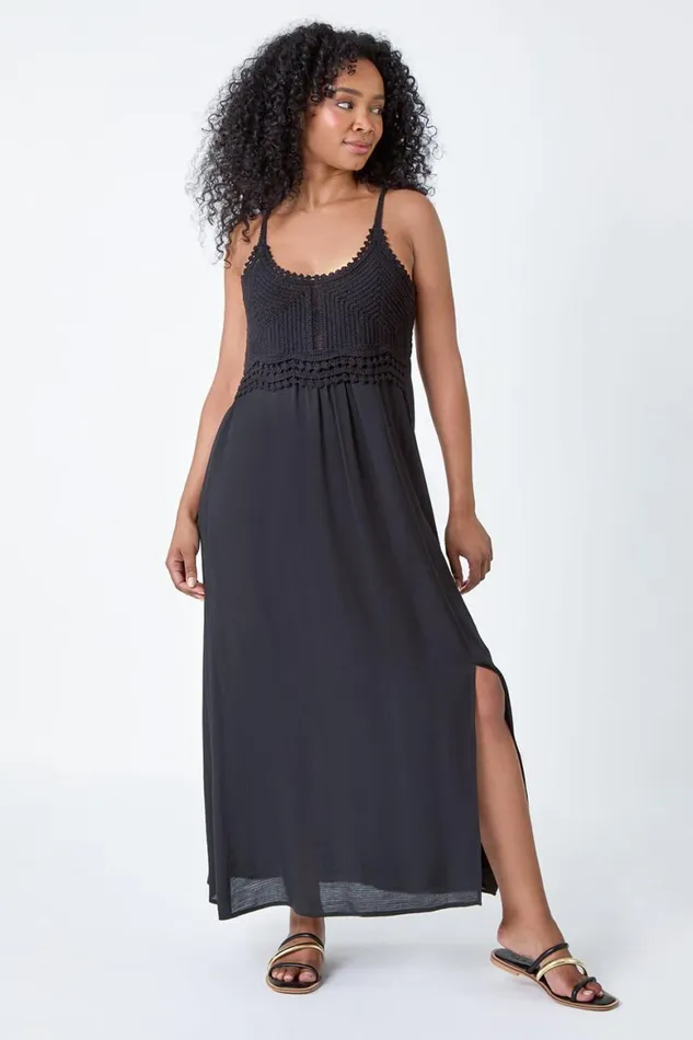 Women Black Petite Crochet Bodice Cotton Maxi Dress Roman Dresses