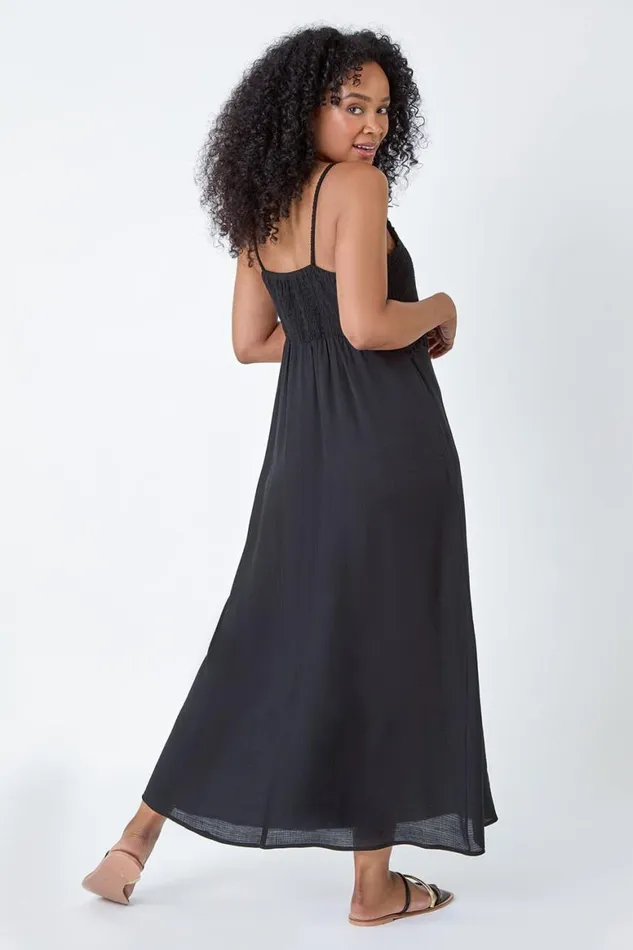 Women Black Petite Crochet Bodice Cotton Maxi Dress Roman Dresses
