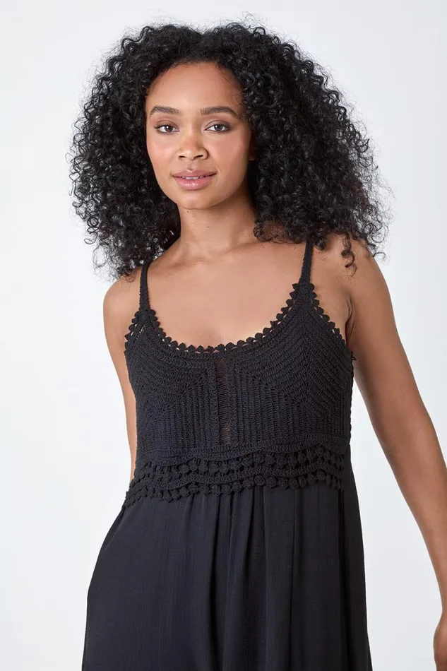 Women Black Petite Crochet Bodice Cotton Maxi Dress Roman Dresses