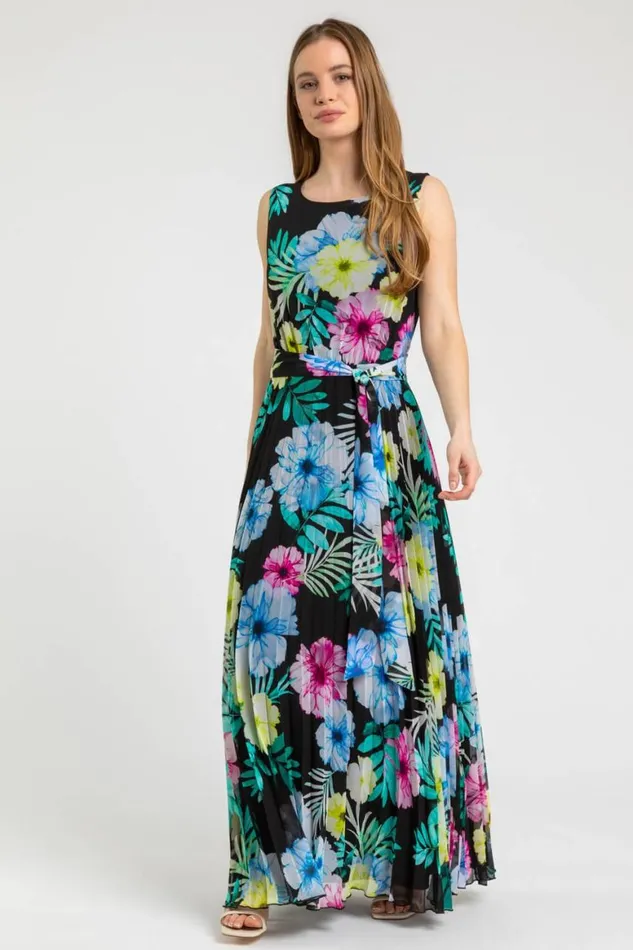 Women Black Petite Floral Pleated Maxi Dress Roman Dresses