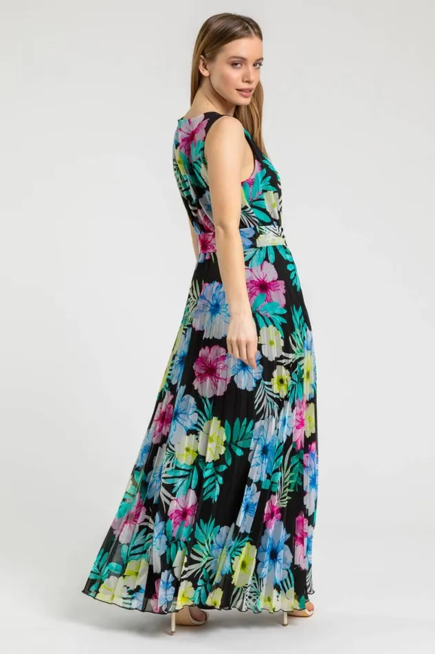 Women Black Petite Floral Pleated Maxi Dress Roman Dresses