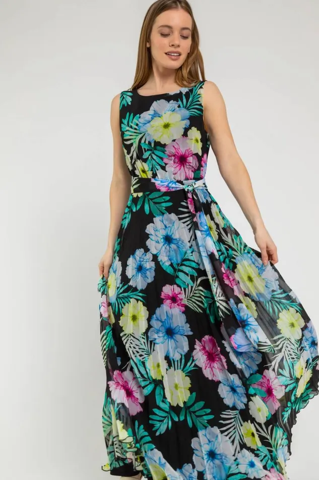 Women Black Petite Floral Pleated Maxi Dress Roman Dresses