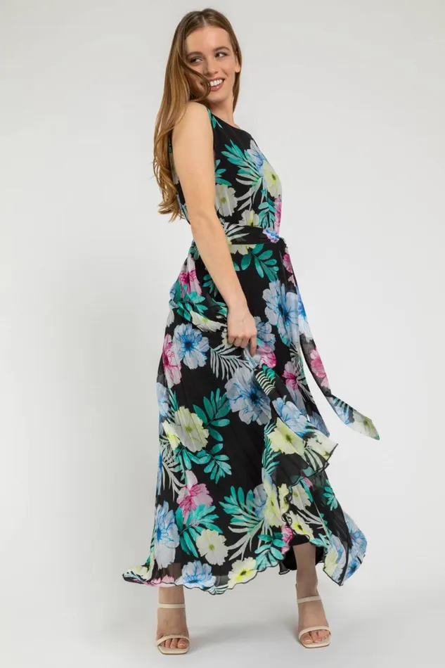 Women Black Petite Floral Pleated Maxi Dress Roman Dresses