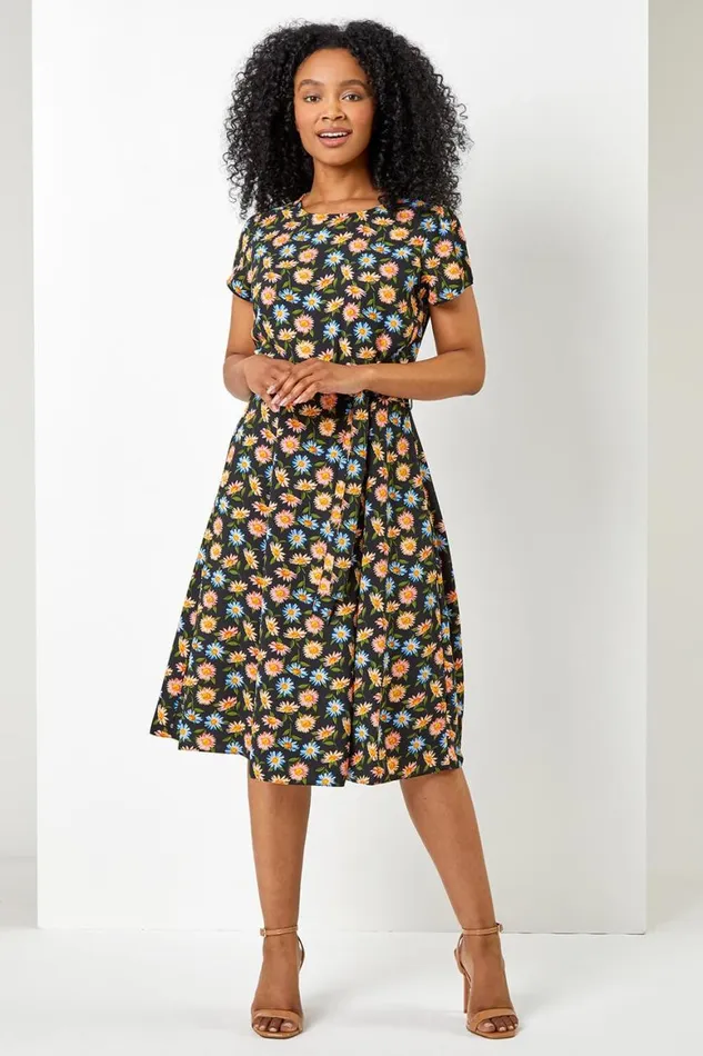 Women Black Petite Floral Print Back Detail Belted Dress Roman Dresses