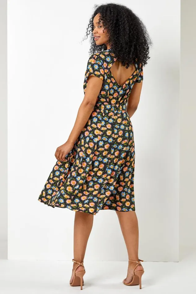 Women Black Petite Floral Print Back Detail Belted Dress Roman Dresses
