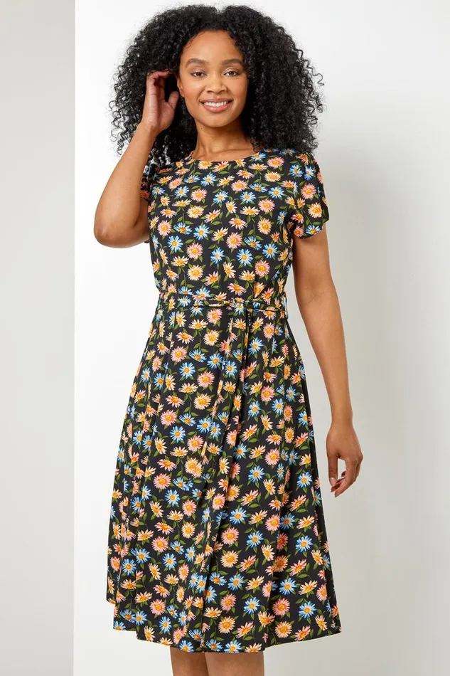 Women Black Petite Floral Print Back Detail Belted Dress Roman Dresses