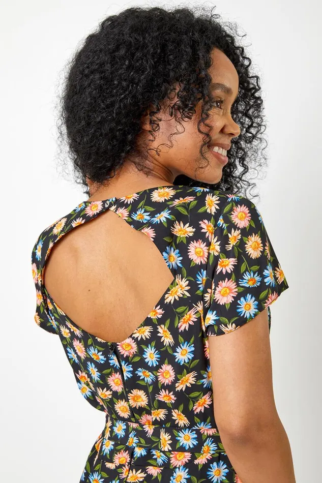 Women Black Petite Floral Print Back Detail Belted Dress Roman Dresses