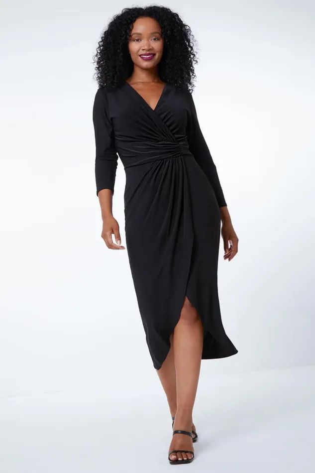 Women Black Petite Midi Wrap Dress Roman Dresses