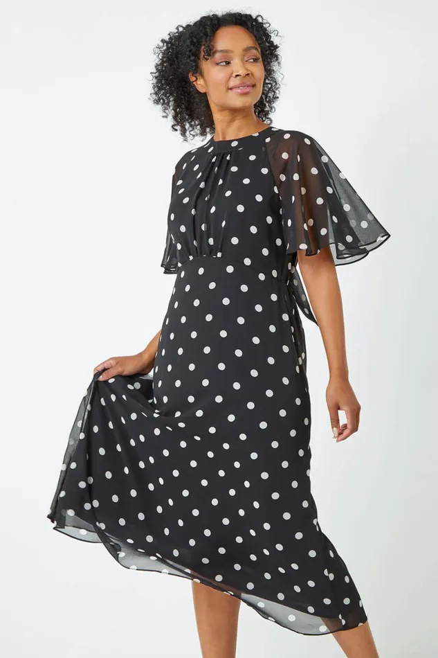 Women Black Petite Polka Dot Chiffon Midi Dress Roman Dresses