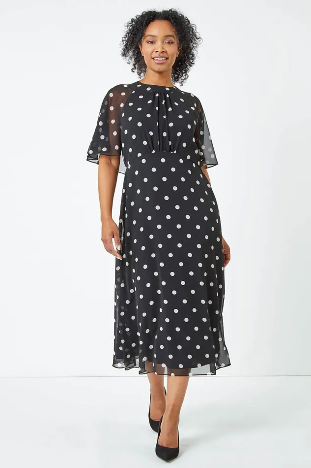 Women Black Petite Polka Dot Chiffon Midi Dress Roman Dresses