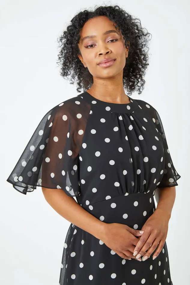 Women Black Petite Polka Dot Chiffon Midi Dress Roman Dresses