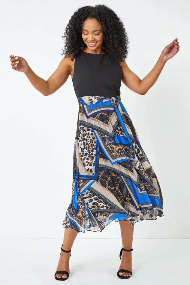 Women Black Petite Sleeveless Pleated Chiffon Midi Dress Roman Dresses