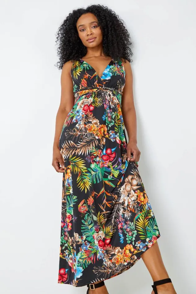 Women Black Petite Sleeveless Tropical Maxi Stretch Dress Roman Dresses