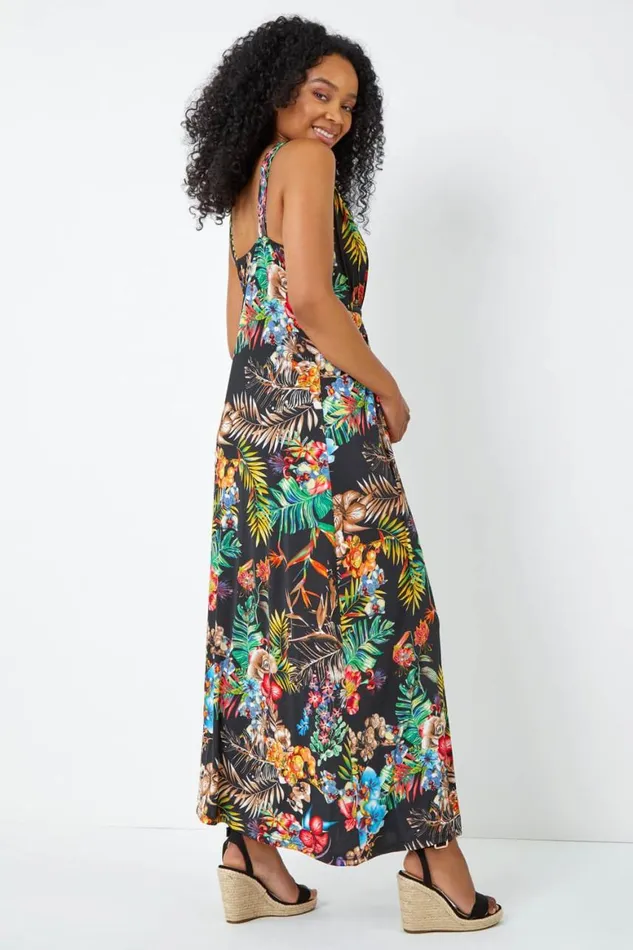 Women Black Petite Sleeveless Tropical Maxi Stretch Dress Roman Dresses