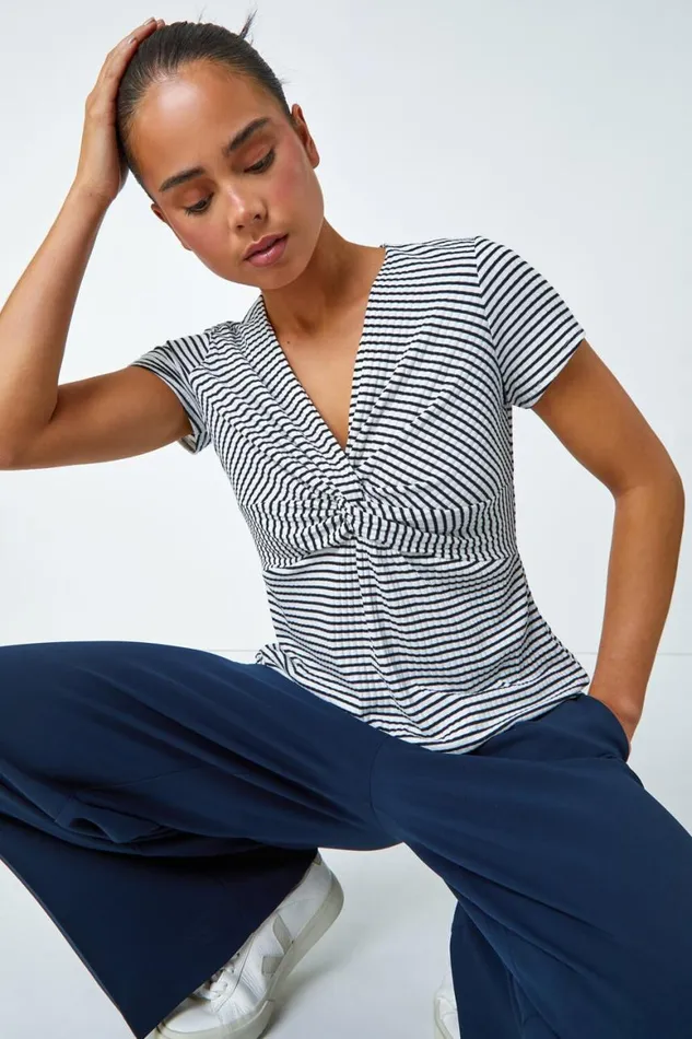Women Black Petite Stripe Twist Soft VNeck Stretch Top Roman Tops