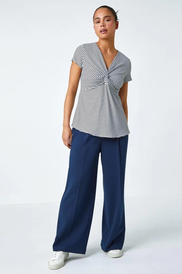 Women Black Petite Stripe Twist Soft VNeck Stretch Top Roman Tops