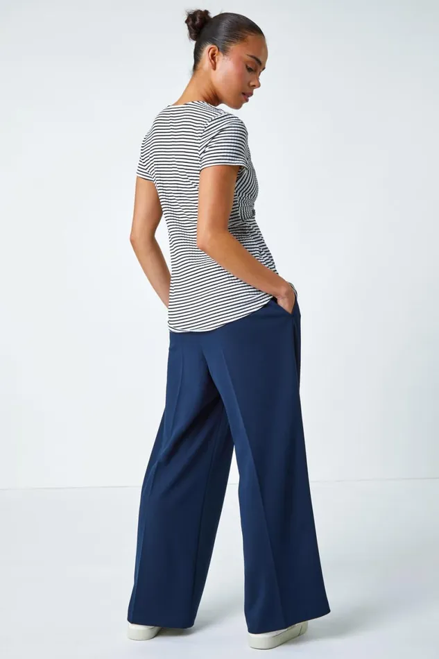 Women Black Petite Stripe Twist Soft VNeck Stretch Top Roman Tops