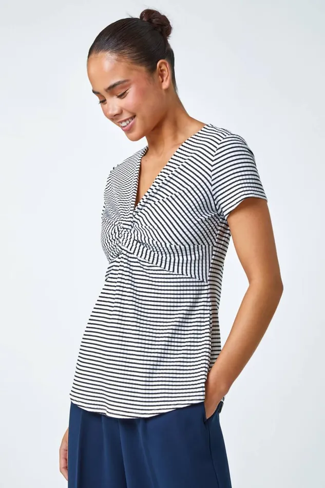 Women Black Petite Stripe Twist Soft VNeck Stretch Top Roman Tops