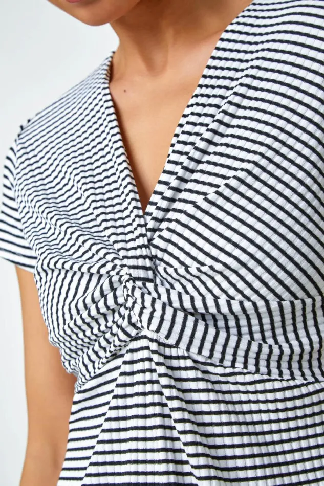 Women Black Petite Stripe Twist Soft VNeck Stretch Top Roman Tops