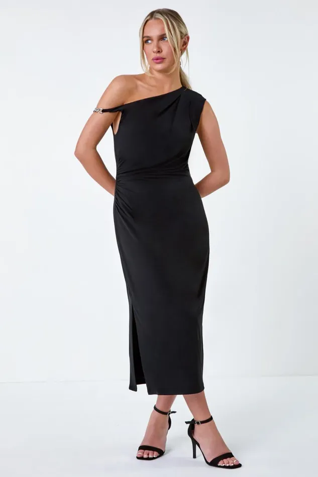 Women Black Petite Twist Detail Ruched Stretch Dress Roman Dresses