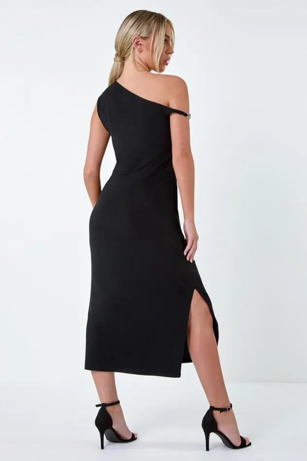 Women Black Petite Twist Detail Ruched Stretch Dress Roman Dresses