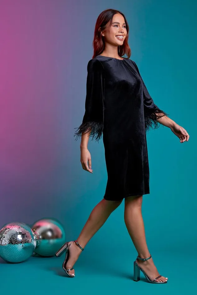 Women Black Petite Velvet Feather Trim Stretch Dress Roman Dresses