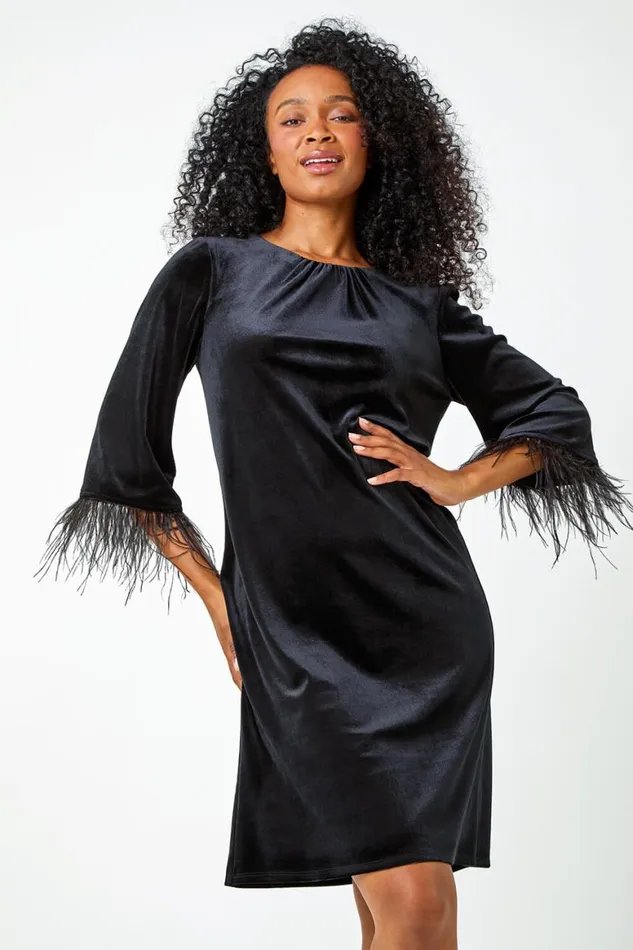 Women Black Petite Velvet Feather Trim Stretch Dress Roman Dresses