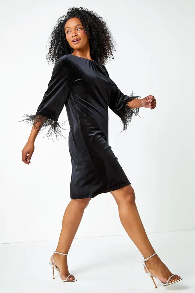 Women Black Petite Velvet Feather Trim Stretch Dress Roman Dresses