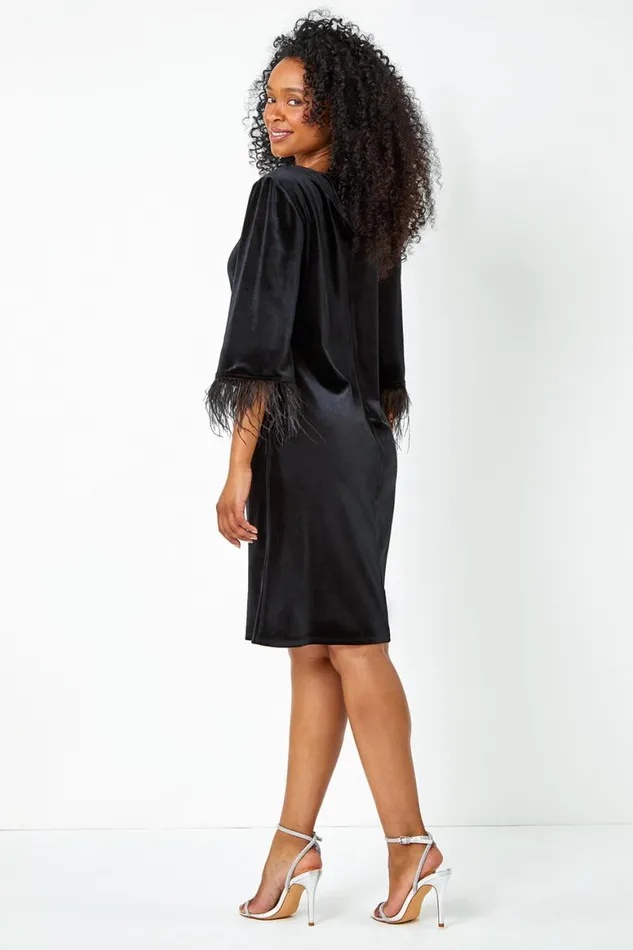 Women Black Petite Velvet Feather Trim Stretch Dress Roman Dresses