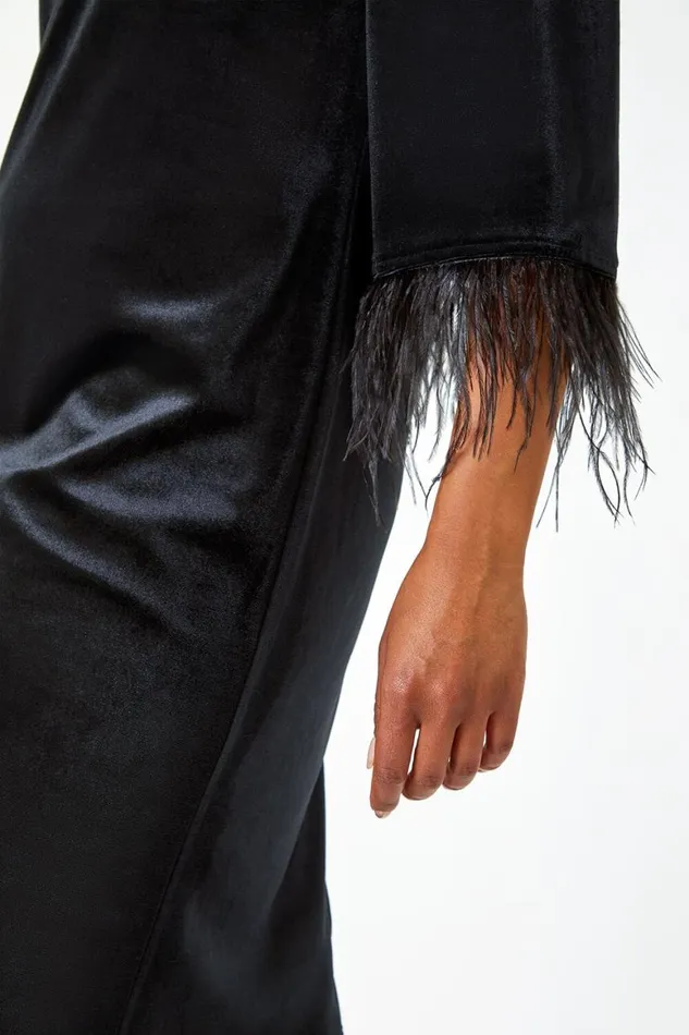 Women Black Petite Velvet Feather Trim Stretch Dress Roman Dresses