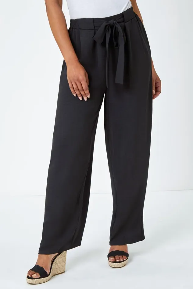 Women Black Petite Wide Leg Belted Trouser Roman Trousers