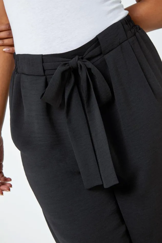 Women Black Petite Wide Leg Belted Trouser Roman Trousers
