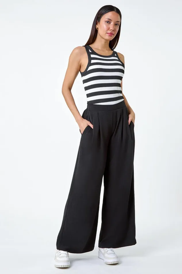 Women Black Plain Elastic Waist Wide Leg Trouser Roman Occasionwear