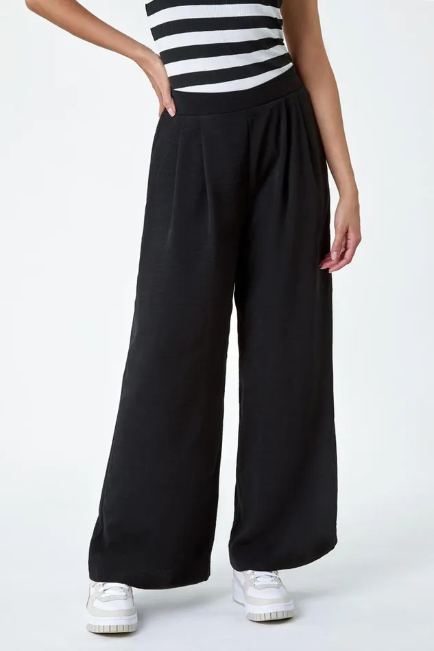 Women Black Plain Elastic Waist Wide Leg Trouser Roman Occasionwear