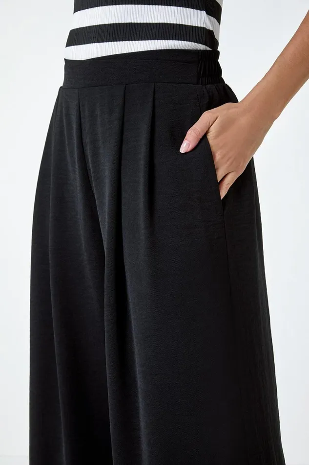 Women Black Plain Elastic Waist Wide Leg Trouser Roman Occasionwear