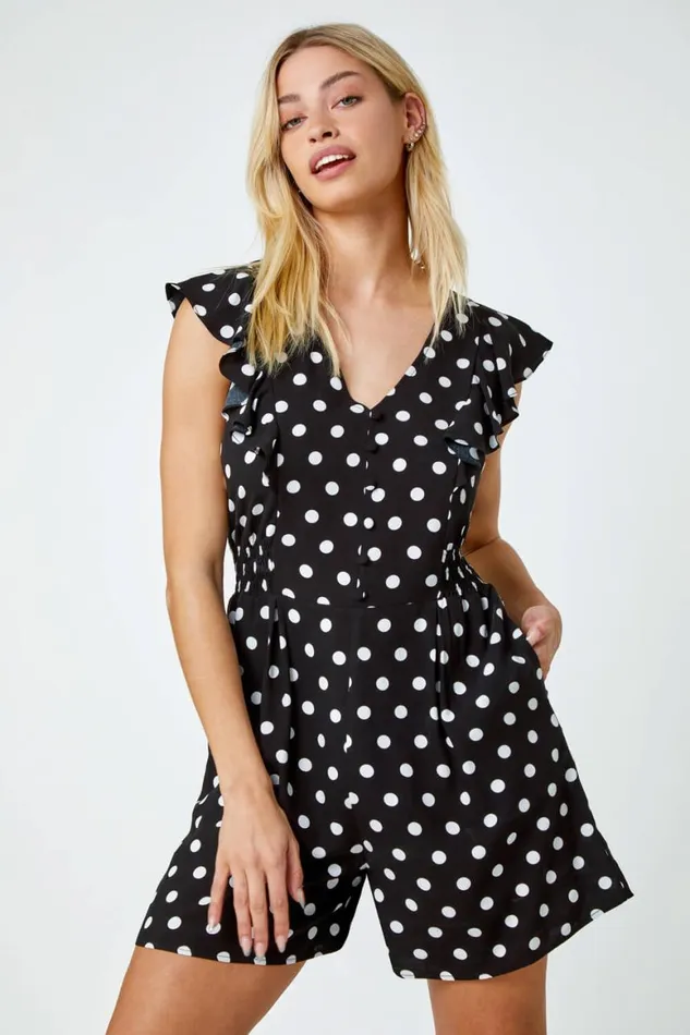 Women Black Polka Dot Print Frill Playsuit Roman Dresses