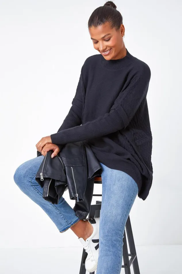 Women Black Relaxed High Neck Knitted Longline Jumper Roman Knitwear